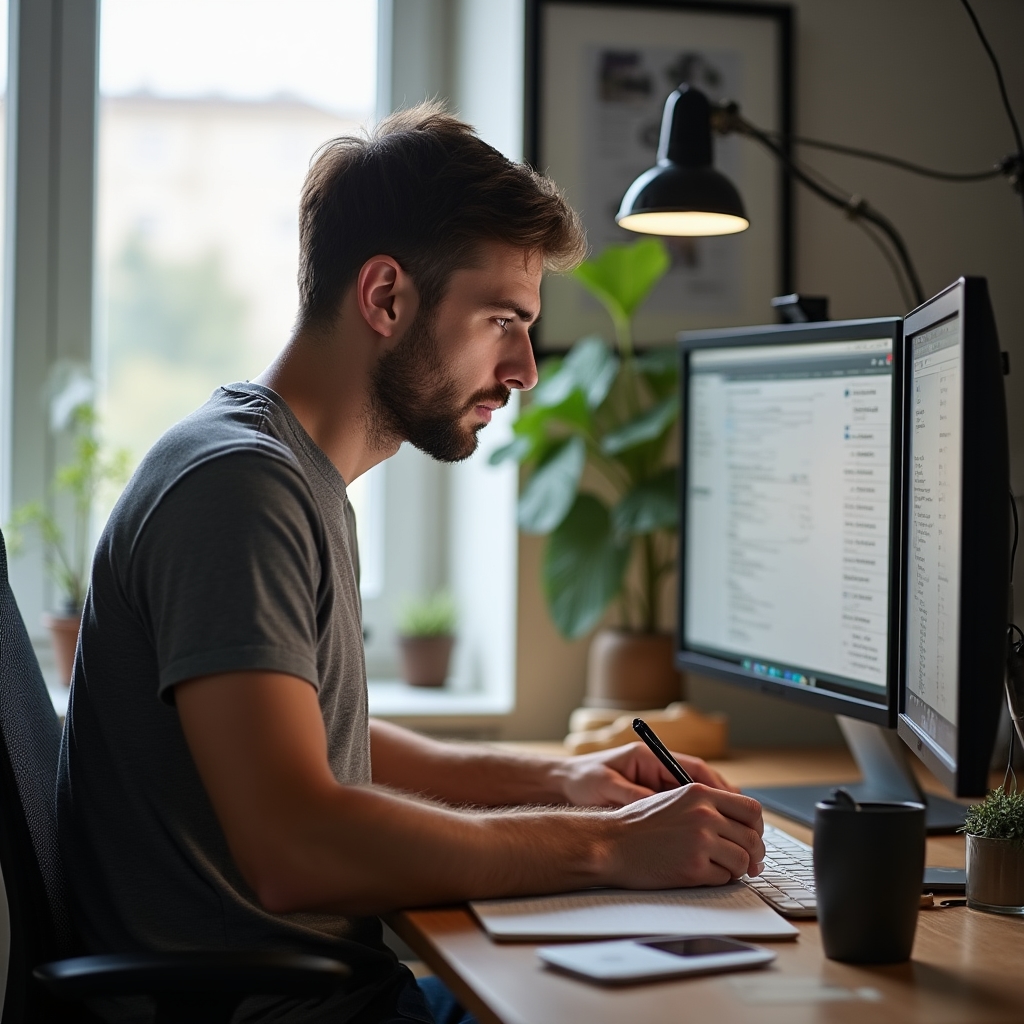 Freelancer la birou planificând proiecte și gestionând timpul de lucru